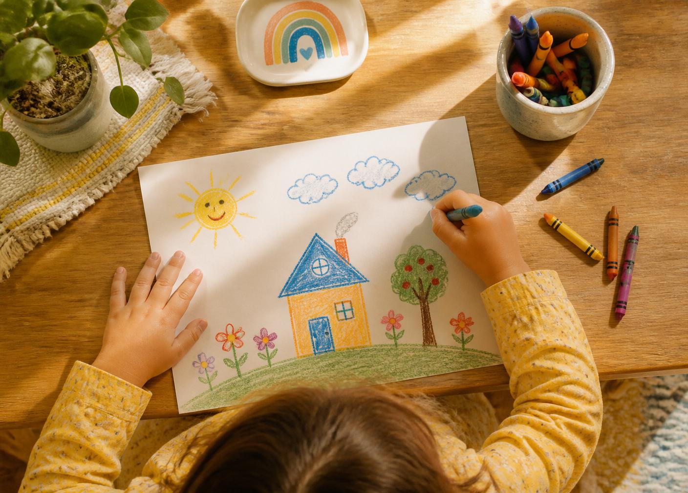 A child coloring a sunny house and apple tree with crayons at a wooden table