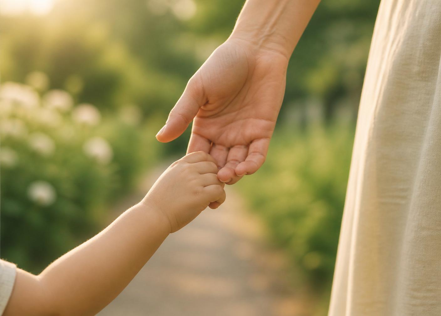 A child's hand holding an adult's finger in soft sunlight