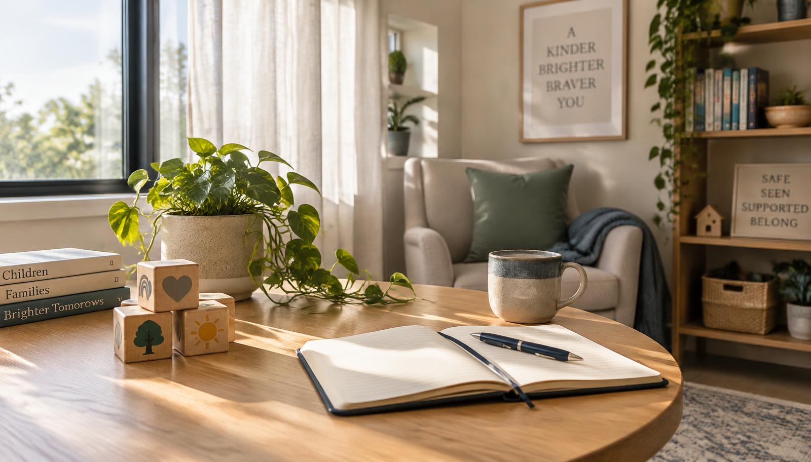 A calm office corner with sunlight, wooden blocks, a notebook, and a comfortable chair